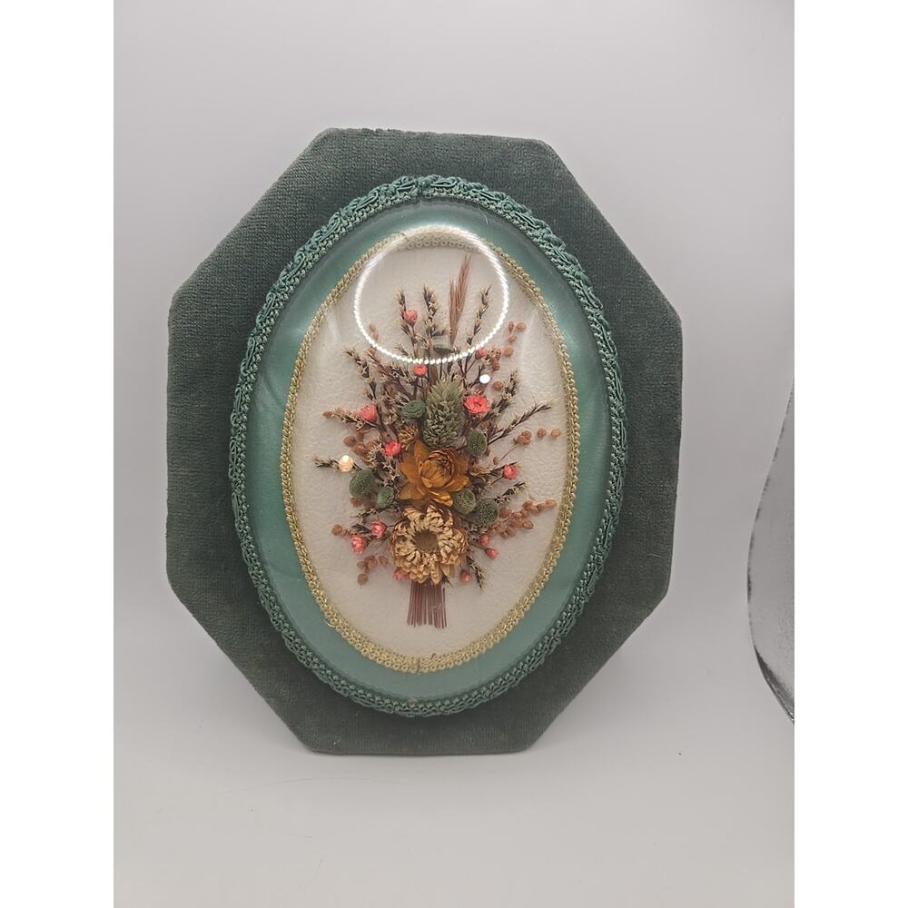 *VINTAGE* Cideart Dried Flower Domed Glass Wall Art Made In Belgium -‎ Green MCM